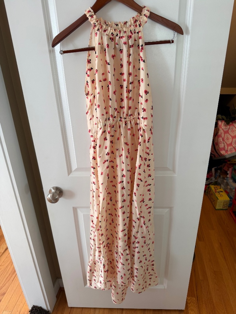 Floral Strapless Midi Dress – Cream with Red/Black Print – Size S/M
